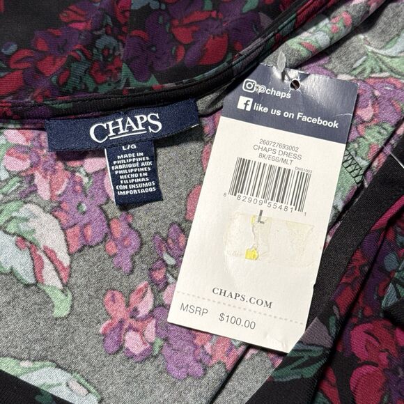 Chaps Ralph Lauren Jersey Dress L Dark Floral Faux Wrap Stretch Career Feminine - Picture 11 of 14